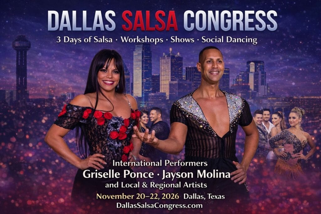 Dance classes featuring diverse salsa instructors and performers in vibrant outfits, promoting salsa lessons in Dallas. Call or text 214-923-9404 for more information.