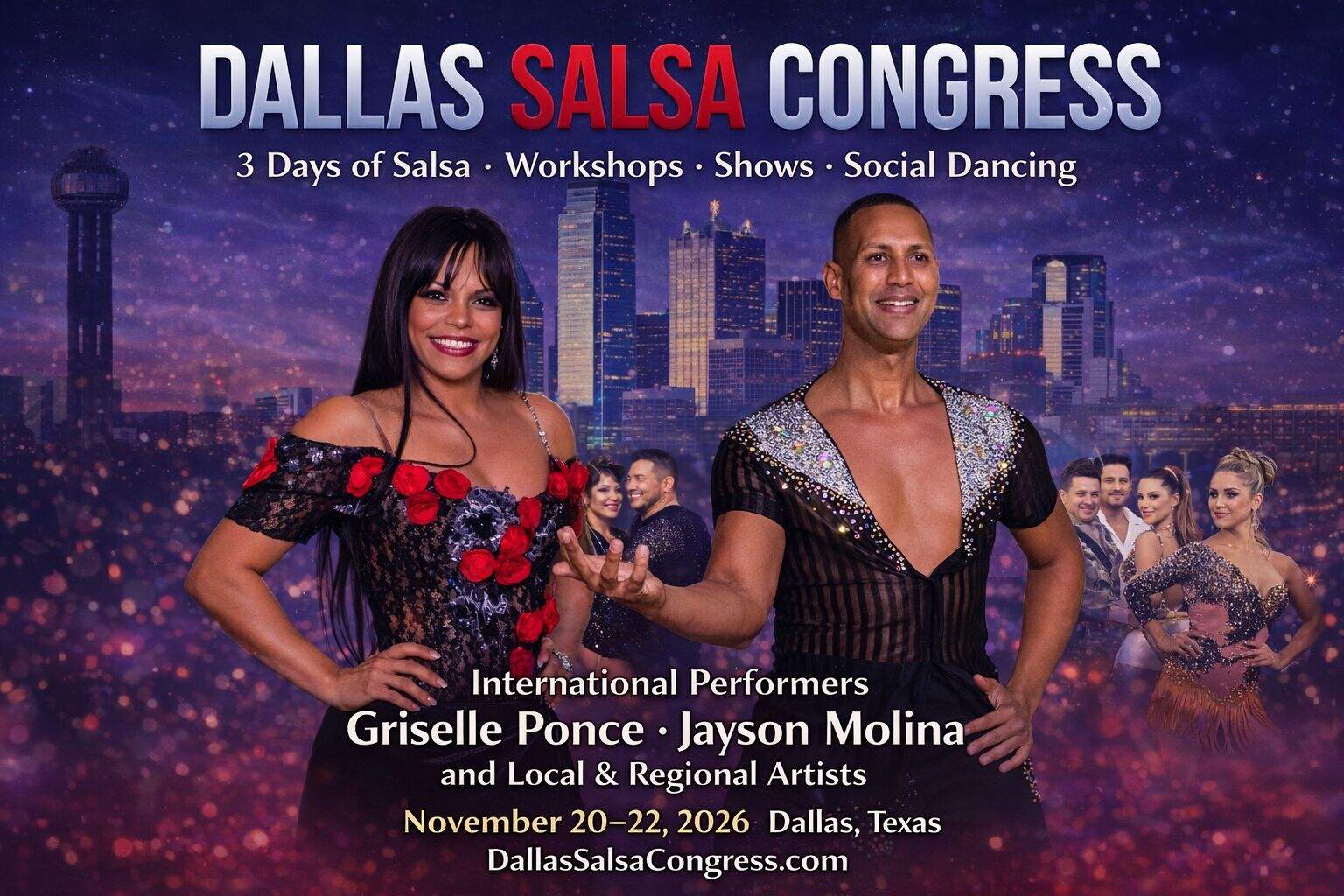 Dance classes featuring diverse salsa instructors and performers in vibrant outfits, promoting salsa lessons in Dallas. Call or text 214-923-9404 for more information.
