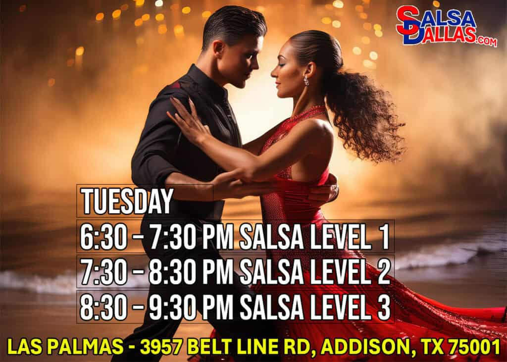 Dance couple practicing salsa dance in a warm, romantic setting with a sunset background.