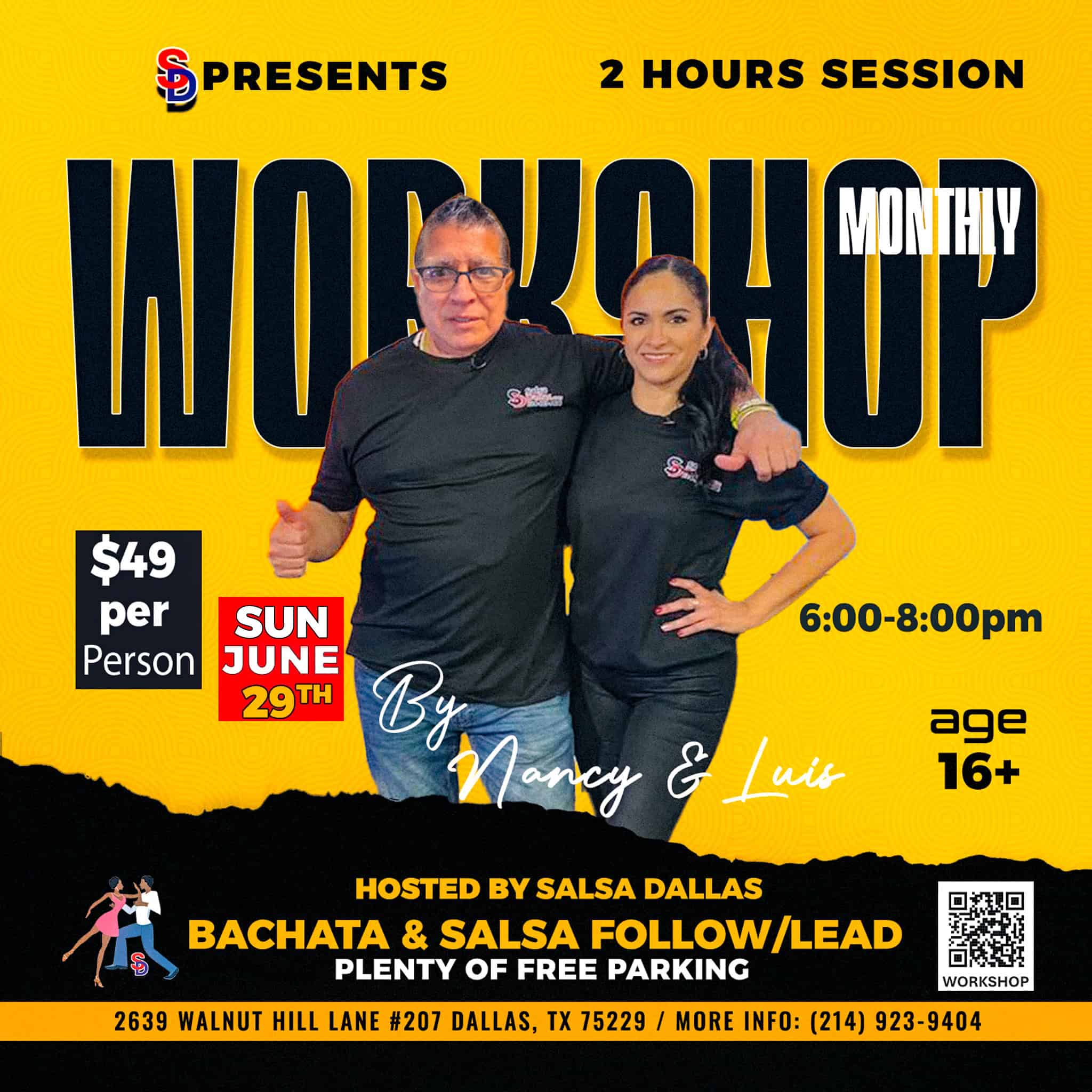 Dance instructors Nancy and Luis pose together at a Salsa Dallas bachata and salsa dance class event.