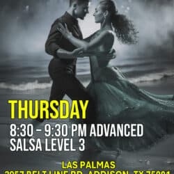 Elegant couple dancing salsa on the beach at night, promoting advanced salsa lessons with contact details in bold yellow and white text.