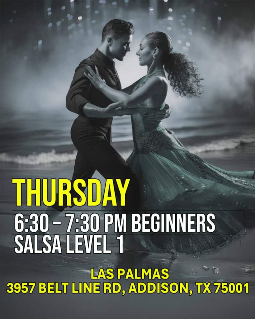 Elegant couple dancing salsa on the beach at night in stylish attire for salsa lessons.