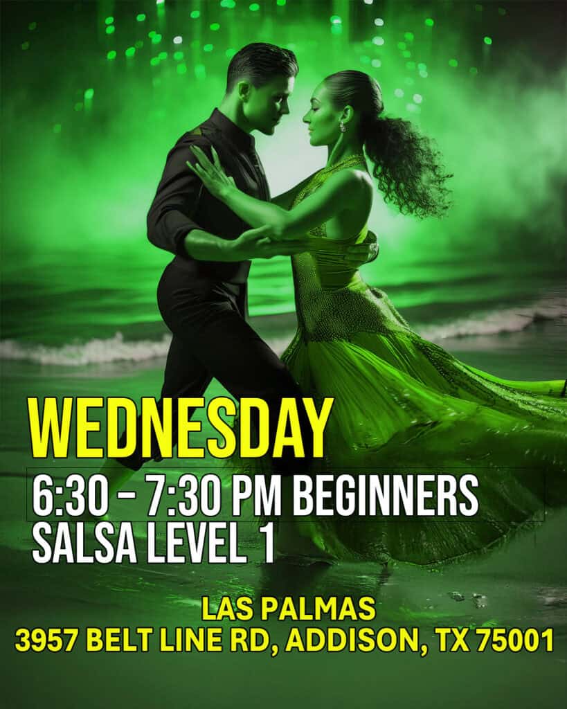 Dance couple performing salsa on a green-lit dance floor with water reflection.