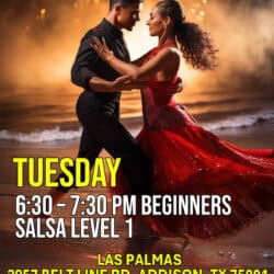 Dance couple performing salsa on the beach during sunset, showcasing passionate dance moves, elegant attire, and vibrant energy for salsa dancing lessons in Dallas, TX.