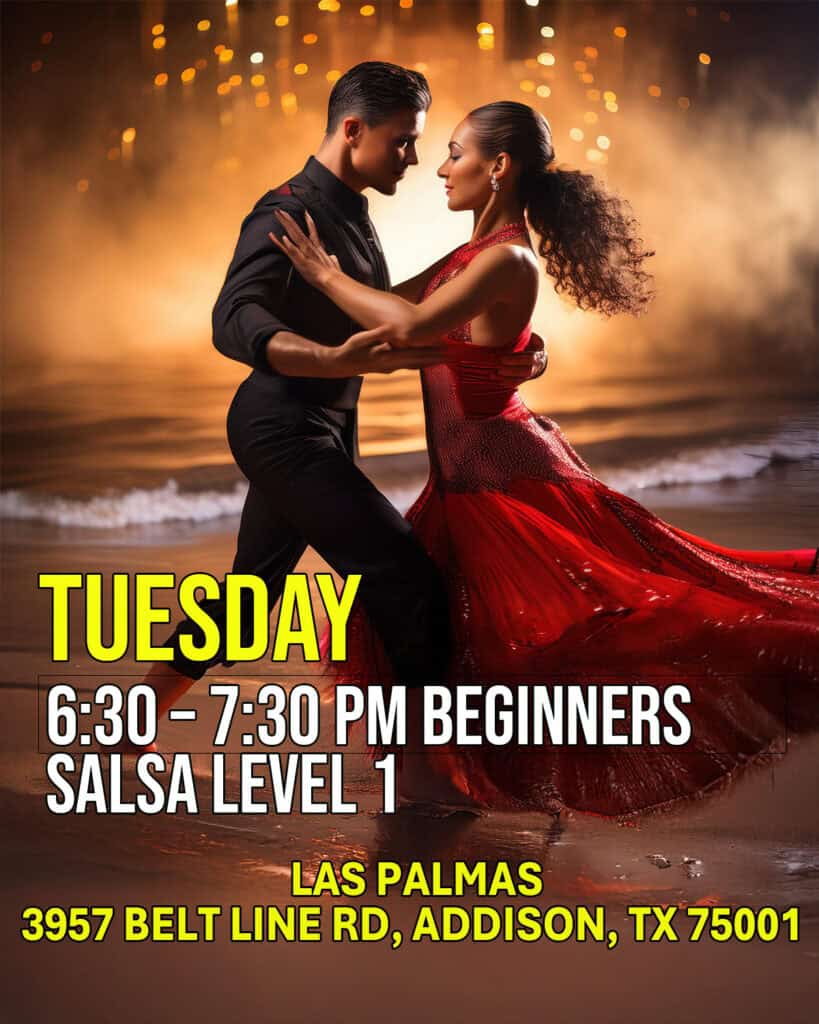 Dance couple performing salsa on the beach during sunset, showcasing passionate dance moves, elegant attire, and vibrant energy for salsa dancing lessons in Dallas, TX. salsa-level-1