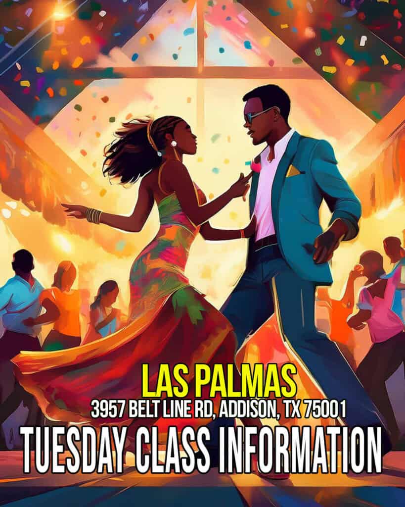 Vibrant illustration of a couple dancing salsa at a lively party with colorful confetti, surrounded by other dancers under a bright, festive ceiling.