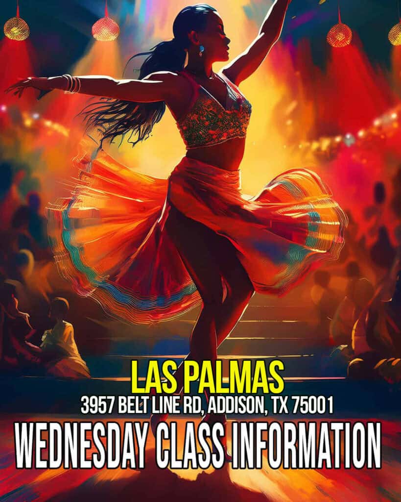 Salsa dancer performing on stage with colorful lighting, promoting salsa dance classes in Dallas, Texas. Call or text 214-923-9404 for more details.