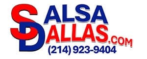 Vibrant Salsa Dallas logo with red, white, and blue text promoting salsa lessons in Dallas, Texas, including contact phone number for class registration and inquiries.