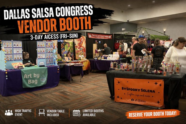 Vendor booths at Dallas Salsa Congress event with attendees and shopping area